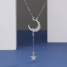 Load image into Gallery viewer, Moon &amp; Star White Zircon Studded Silver Necklace
