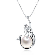 Mermaid pearl pendant necklace in silver, front view on white background.
