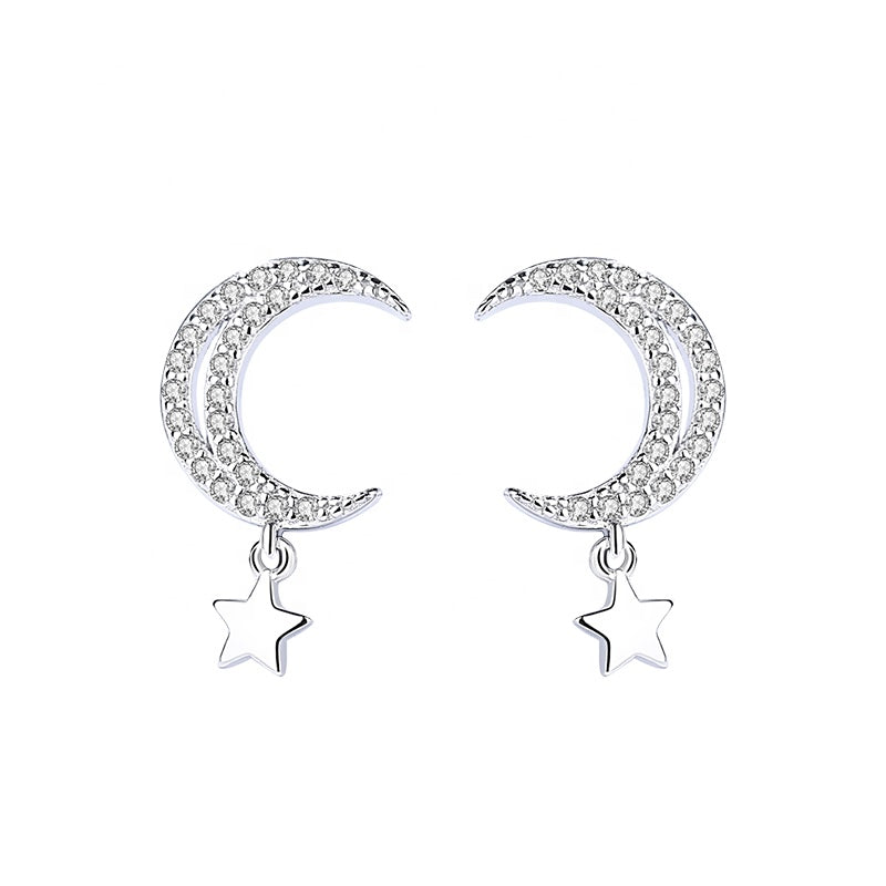 White Zircon Moon & Hanging Star Silver Earrings