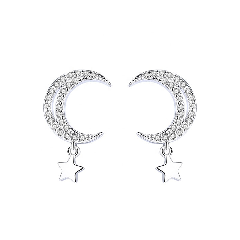 White Zircon Moon & Hanging Star Silver Earrings