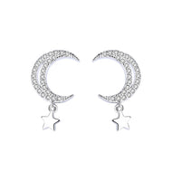 White Zircon Moon & Hanging Star Silver Earrings