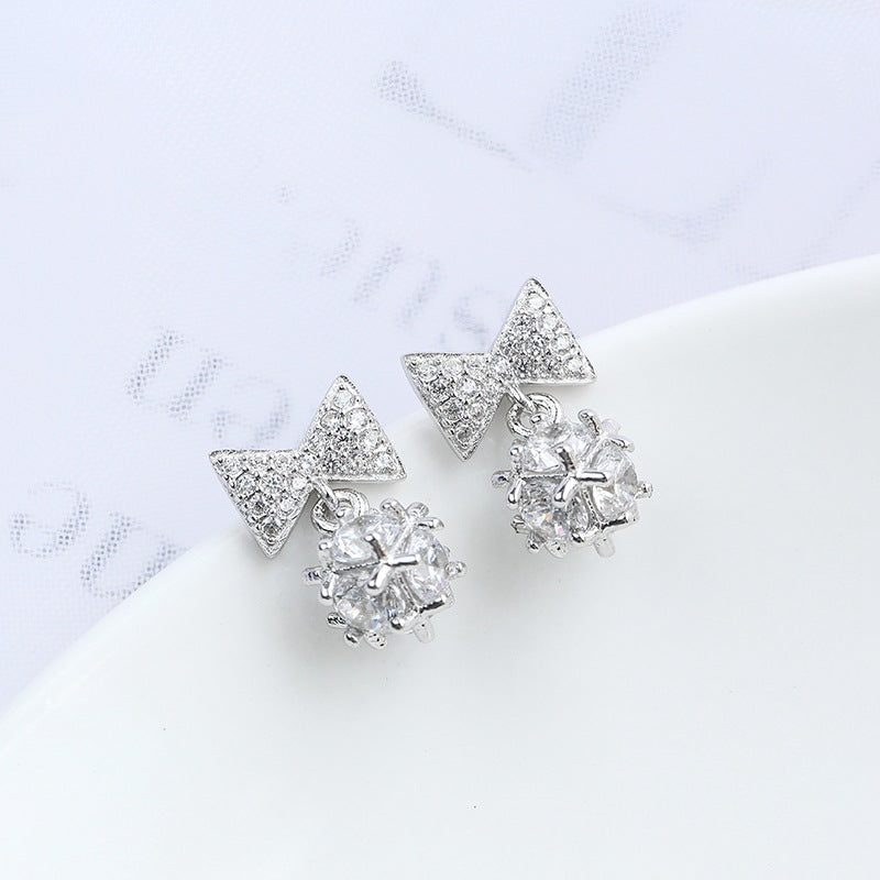 Bow & Diamond Zircon Studded Silver Earrings