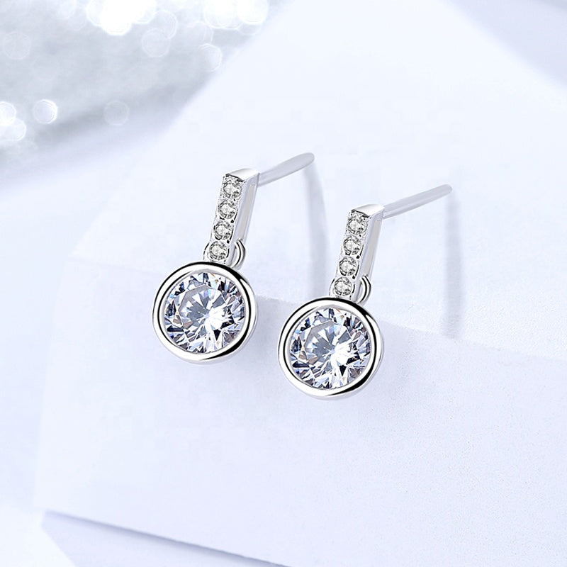 White Zircon Solitaire Round Silver Earrings