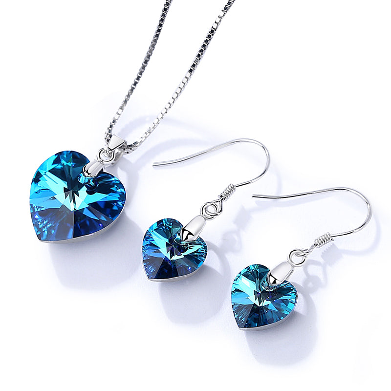 Ocean Blue Rhinestone Crystal Silver Necklace Set