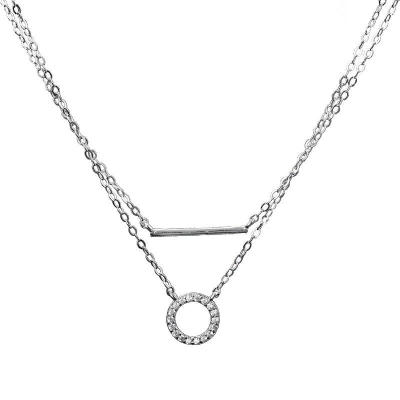 White Zircon Circle Layered Pendant Silver Necklace