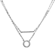 White Zircon Circle Layered Pendant Silver Necklace