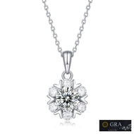 Moissanite flower pendant necklace in silver, GRA certified, front view on white background.