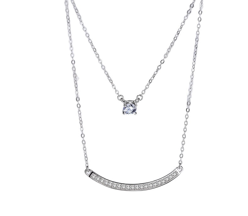 White Zircon Arc Layered Pendant Silver Necklace
