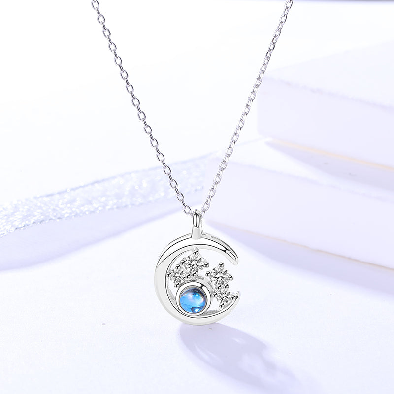 Zircon Studded Moon Pendant Silver Necklace