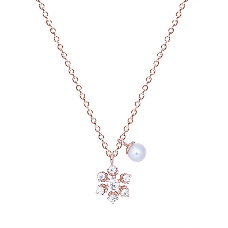 Rose Gold Snowflake Pearl Pendant Silver Necklace