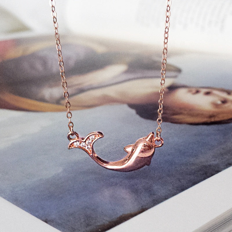 Rose Gold Zircon Dolphin Pendant Silver Necklace