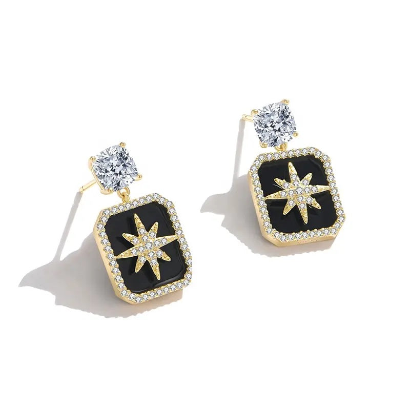 Square Black Onyx Dangling Silver Earrings