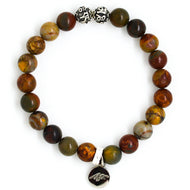 Picasso jasper stone bracelet 8MM with silver beads on a white background