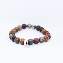Load image into Gallery viewer, Angled view of Picasso jasper stone silver bead bracelet 8MM on a white background
