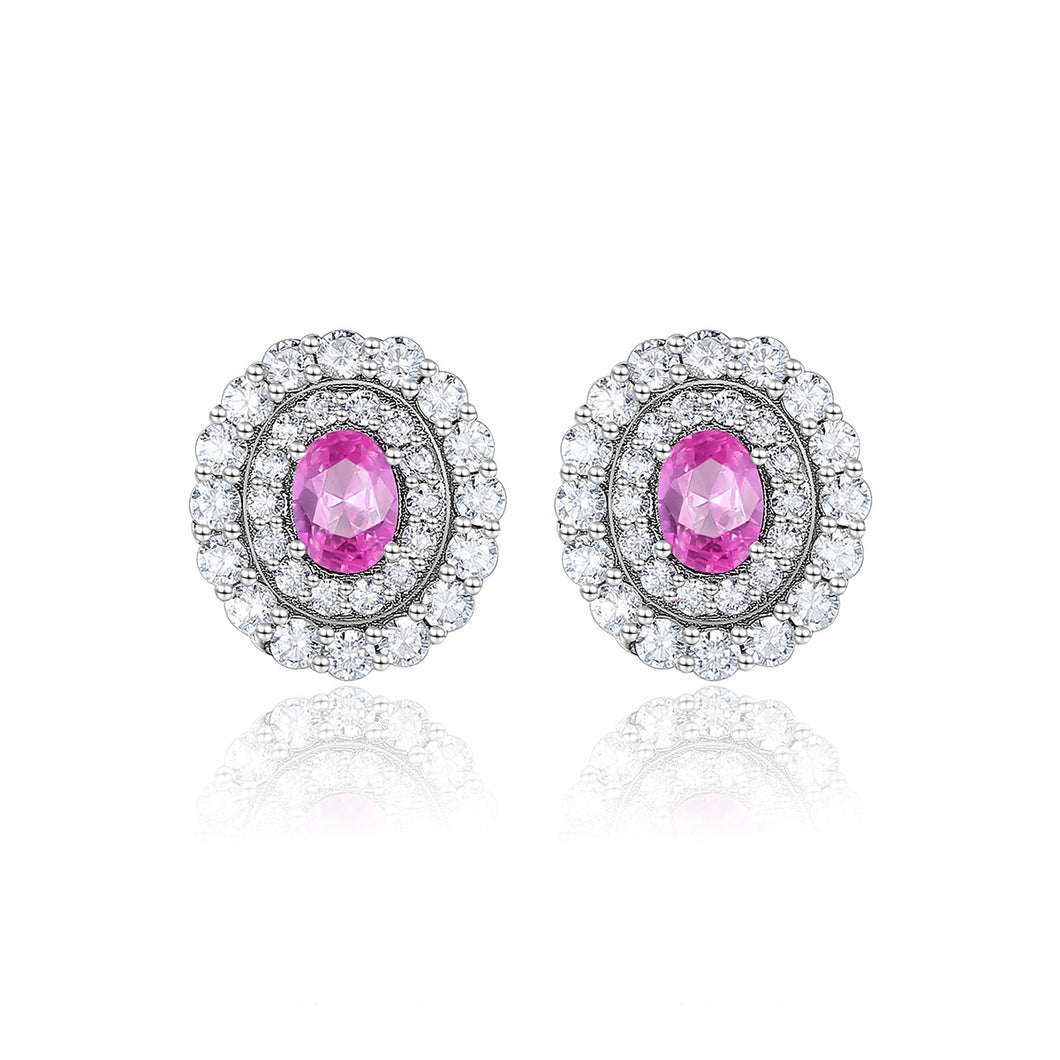 Pink Gemstone Zircon Oval Stud Silver Earrings