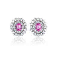 Pink oval gemstone stud earrings in 925 sterling silver with a halo of clear stones