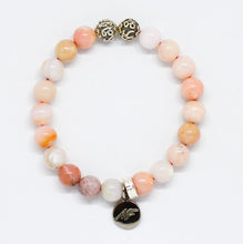 Load image into Gallery viewer, Pink Opal Stone Silver Bead Bracelet 8mm with 925 sterling silver beads and signature charm on white background

