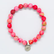 Natural Pink Jasper Stone Flat Silver Bead Bracelet 8MM with polished pink gemstone beads and a stylish silver charm, perfect for everyday wear.