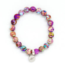 Load image into Gallery viewer, Purple Jasper Stone Flat Silver Bead Bracelet 8MM front view with MysticFlavia charm on white background
