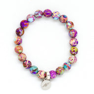 Purple Jasper Stone Flat Silver Bead Bracelet 8MM front view with MysticFlavia charm on white background