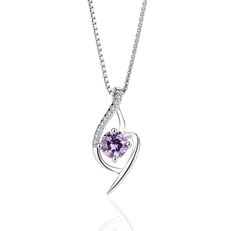 Purple Zircon Solitaire Pendant Silver Necklace