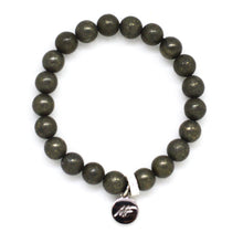 Load image into Gallery viewer, MysticFlavia natural pyrite flat silver beads bracelet with round charm, white background
