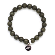 MysticFlavia natural pyrite flat silver beads bracelet with round charm, white background