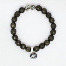 Load image into Gallery viewer, MysticFlavia natural pyrite faceted stone bracelet with silver beads and round charm, white background
