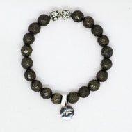 MysticFlavia natural pyrite faceted stone bracelet with silver beads and round charm, white background