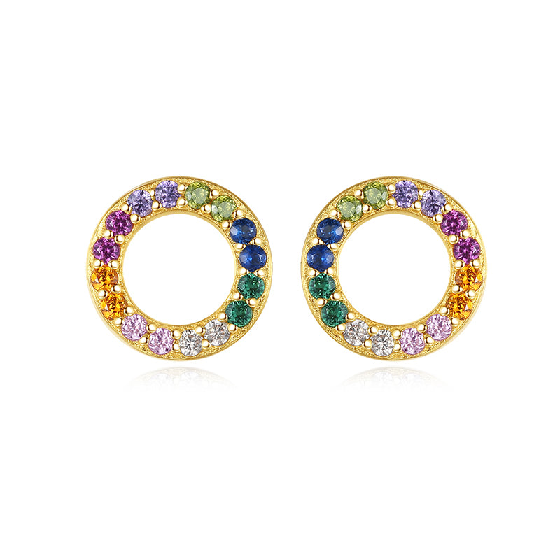 Mini Circle Rainbow Zircon Studded Silver Earrings