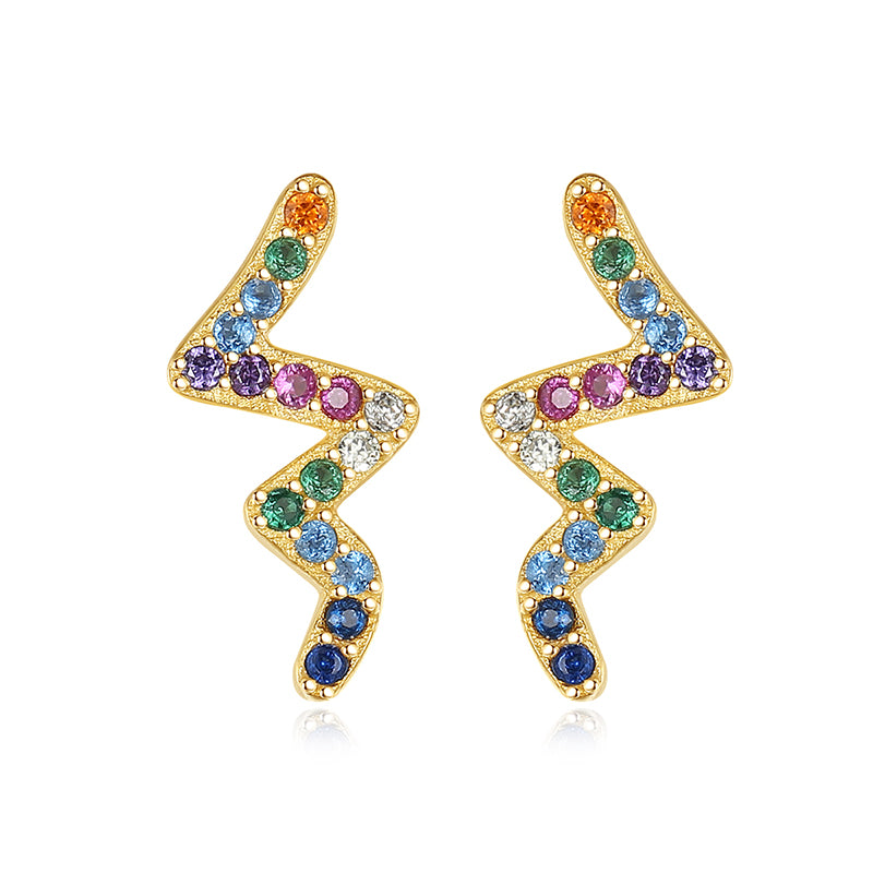 Wavy Rainbow Zircon Studded Silver Earrings