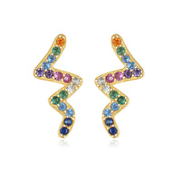 Wavy Rainbow Zircon Studded Silver Earrings