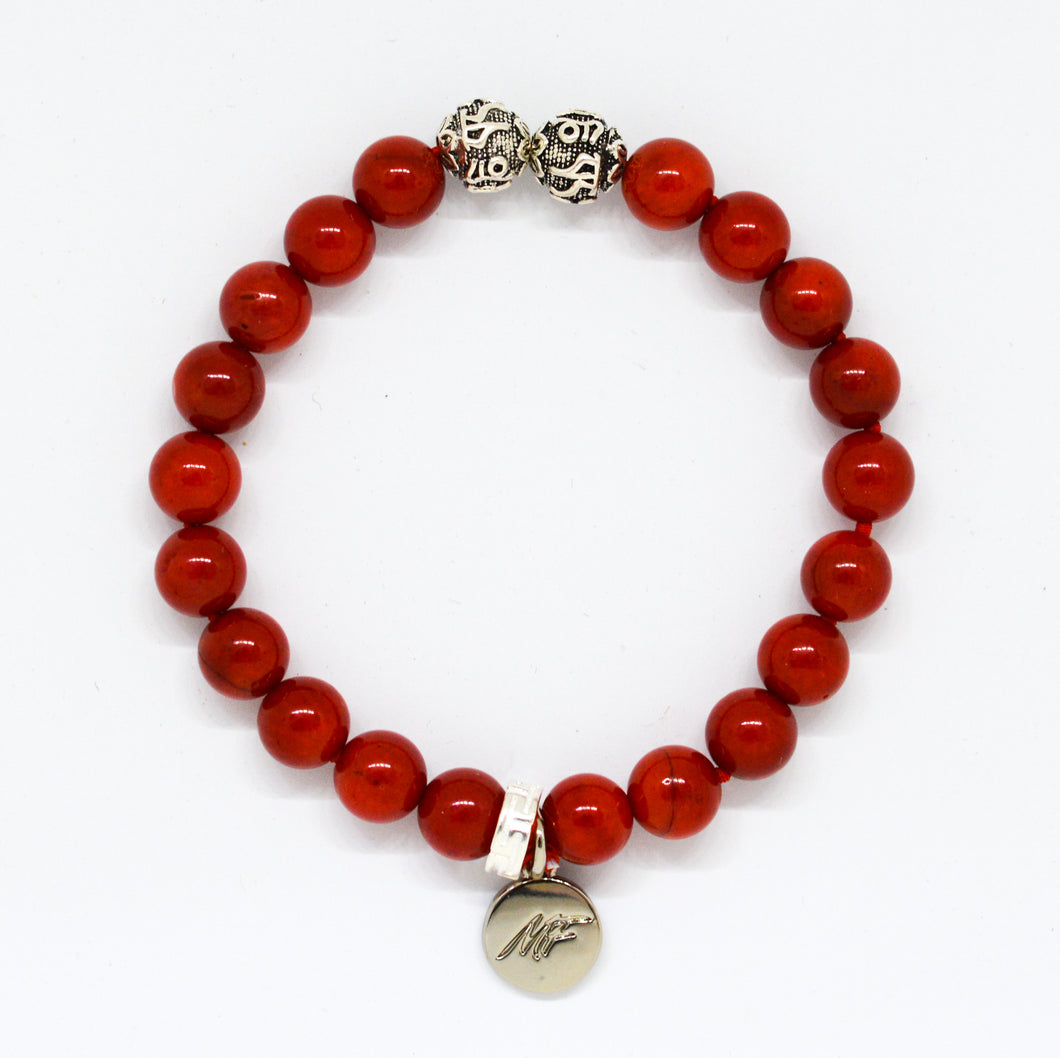 Red Coral Stone Silver Bead Bracelet (8 MM)