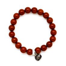 Load image into Gallery viewer, Red Jasper Stone Flat Silver Bead Bracelet 8MM by MysticFlavia with polished natural red jasper round beads, flat sterling silver bead and silver logo charm.
