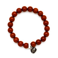 Red Jasper Stone Flat Silver Bead Bracelet 8MM by MysticFlavia with polished natural red jasper round beads, flat sterling silver bead and silver logo charm.