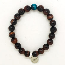 Load image into Gallery viewer, Red Tiger Eye 8MM bracelet with Blue Tiger Eye accent bead and polished natural gemstone design
