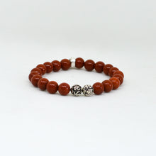 Load image into Gallery viewer, Natural Red Jasper Stone Silver Bead Bracelet 8mm angled product view with engraved silver accent beads | MysticFlavia
