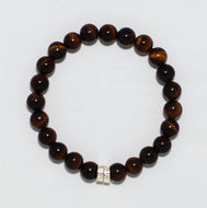 MysticFlavia red tiger eye double flat silver bracelet with silver accent bead, white background