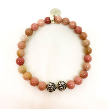 Load image into Gallery viewer, Top view of Rhodonite stone bracelet with MF charm and 925 sterling silver beads on white background
