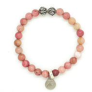 Rhodonite stone silver bead bracelet 8mm with polished round beads and silver beads on white background