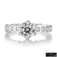 New York moissanite eternity adjustable silver ring with round center stone and hexagon side stones