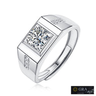 Men's Moissanite ring in silver with a square-cut center stone and side accent stones