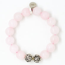 Load image into Gallery viewer, Round rose quartz 12MM bracelet with engraved silver beads and soft pink crystal finish
