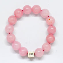 Load image into Gallery viewer, Natural rose quartz bead bracelet with infinity charm and 925 sterling silver cube

