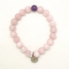 Load image into Gallery viewer, Rose Quartz bracelet with single amethyst bead and 925 sterling silver charm
