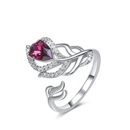 Swarovski crystal ring with pink crystal and feather-inspired 925 sterling silver design | MysticFlavia
