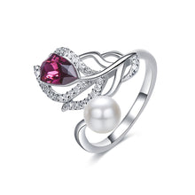 Load image into Gallery viewer, Rose Swarovski crystal ring in silver, purple teardrop stone with leaf detail and pearl accent.
