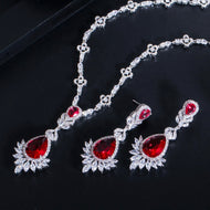 Red Ruby Zircon Silver Necklace Set with Teardrop Pendant and Matching Earrings