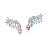 Silver diamond leaf earrings with pink round gemstones on white background