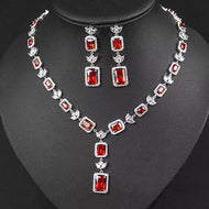 Red Ruby Rectangular Zircon Silver Necklace Set with Matching Drop Earrings
